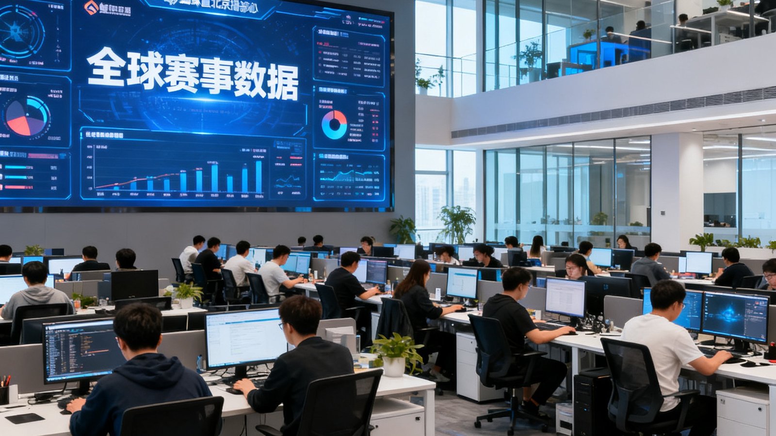 蜘蛛直播北京总部开放式办公区，两百余名员工在现代化办公室内专注工作，墙面大屏实时显示全球赛事数据