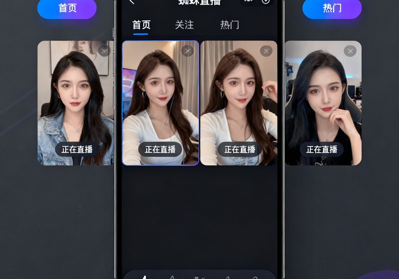 蜘蛛直播APP更新界面截图，展示全新设计的深色主题UI和多画面同步功能